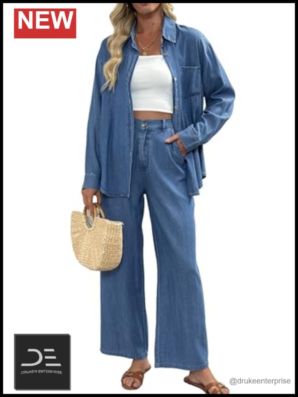 Women's 2 Piece Denim Outfit Long Sleeve Button Down Shirt Wide Leg Pant Set